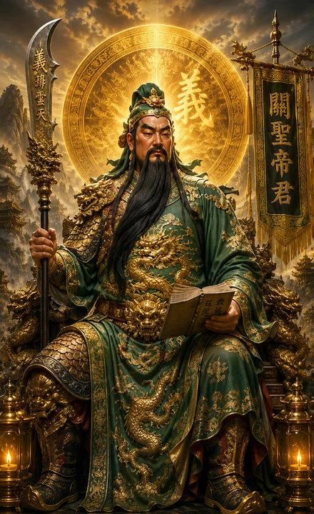 金色光輪背景中的關聖帝君神像，身穿綠金戰袍