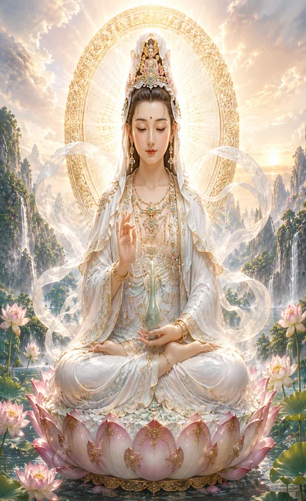 山水蓮花背景中的白衣觀世音菩薩神像